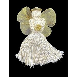 Vintage Angel Lapel Pin Brooch Ivory Gold Tone Metalic String Braided Arms Halo